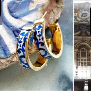 Atrio Portugal Tiles Gold Stainless Steel Blue and White Earrings